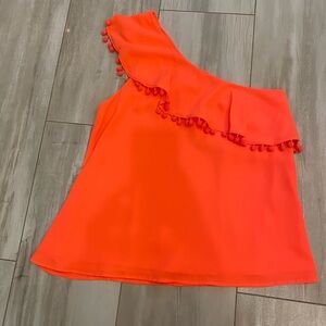 Crosby Bright Melon Orange One Shoulder Top with Ruffle and Pom-poms, size small